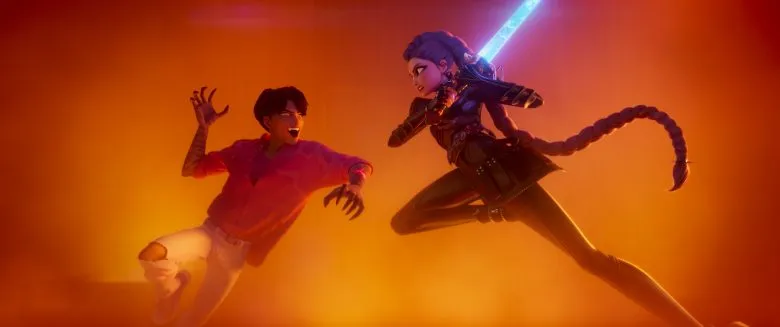 K-Pop Demon Hunters Jinu vs Rumi - she has a blue saber and the background is orange