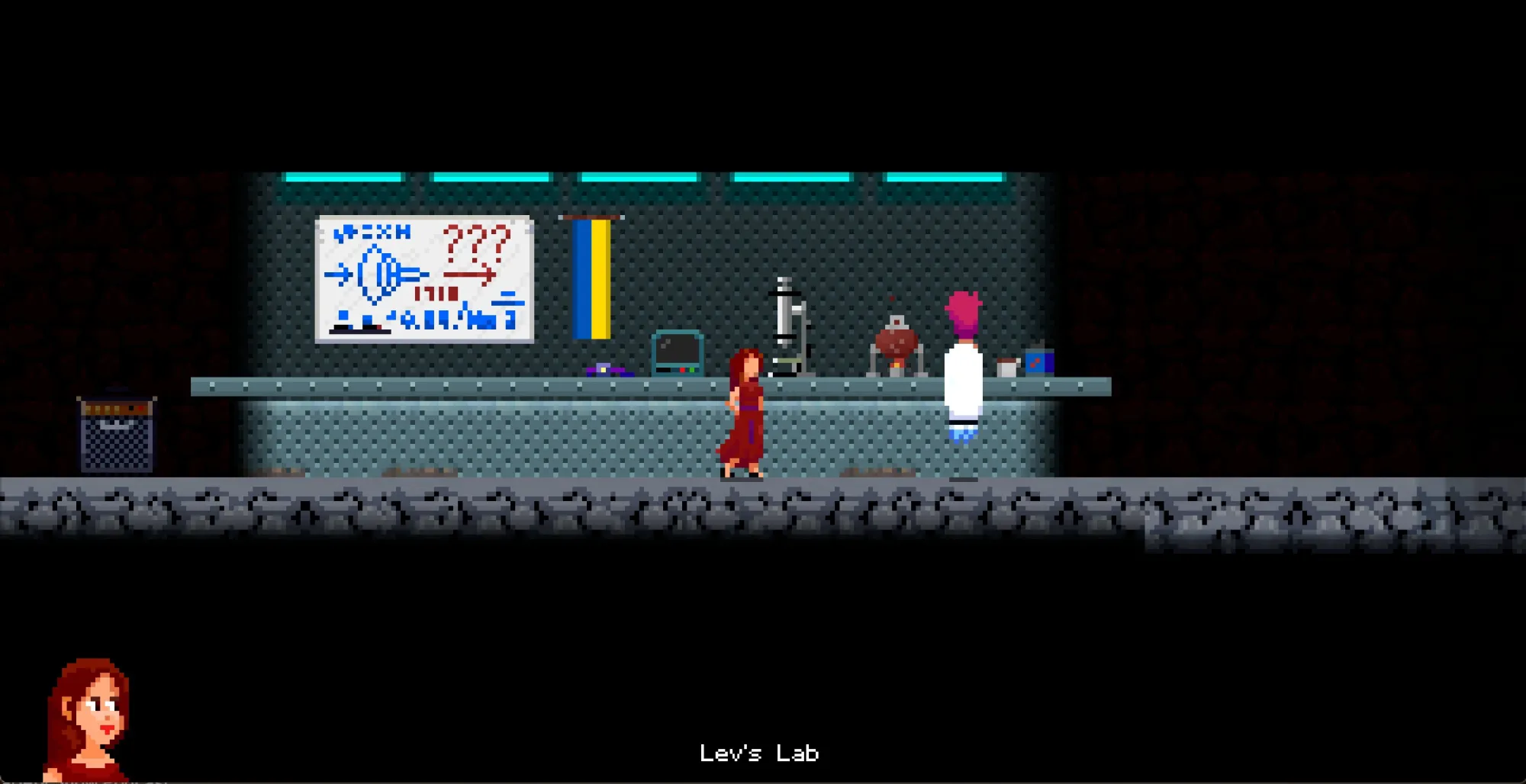 Image of a girl in red dress ibn a labaratory talking to a DR who has no legs and is using a jetpack to get around.  - Quantum Witch