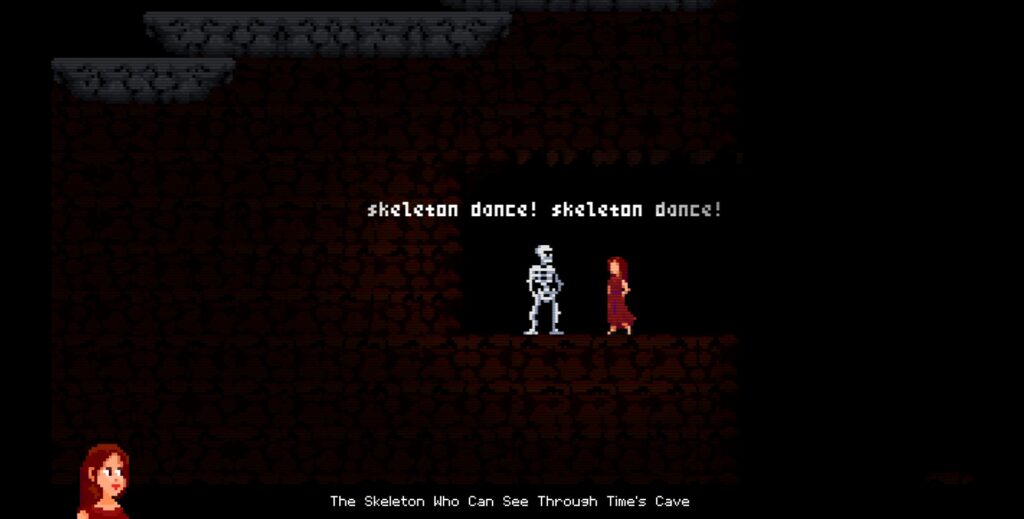 A girls in a red dress is talking to a skeleton who is asking her to do a skeleton dance in a cave. - Quantum Witch
