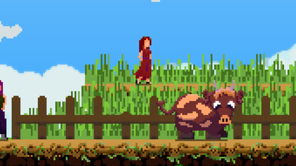 A cow is in front of a fence in a field with the girl with the red dress standing behind it.  - Quantum Witch