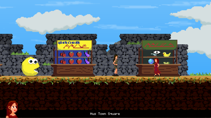 A yellow "pacman" type creature is next to a stall selling fruit. A character that looks like lara croft is also on a stall selling explorer items.  - Quantum Witch