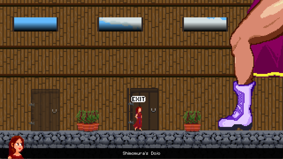 A large women's leg is standing in a strong stance to the right of the screen. A girl in a red dress stands in front of an exit sign.  - Quantum Witch