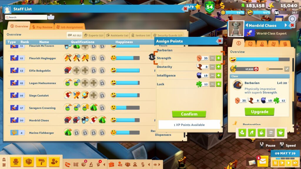 The Two Point Museum Fantasy Finds character stats