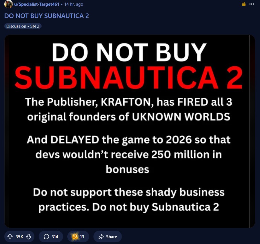 Subnautica article. A reddit call to action with misinformation