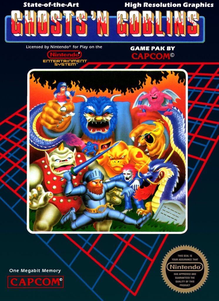 Ghosts N Goblins cover art. Pixel goblins chase Sir Arthur