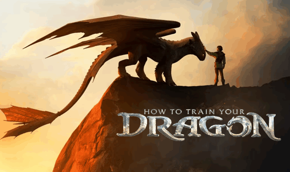 how to train your dragon thumbnail a silhouette of a dragon and person across a sunset