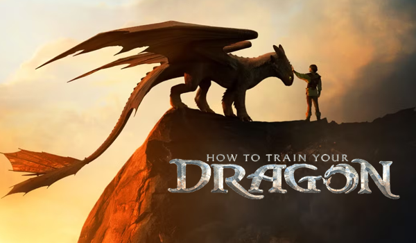 how to train your dragon thumbnail a silhouette of a dragon and person across a sunset