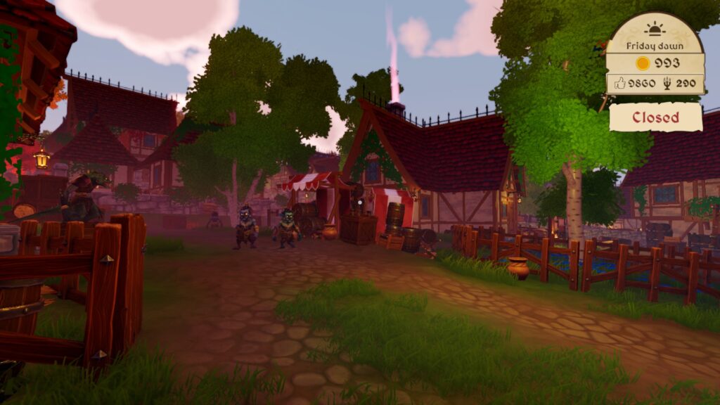 potion shop sim - walking through town in dawn with goblins walking down the street