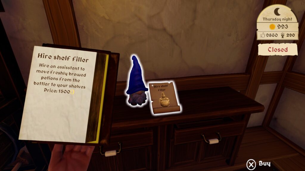potion shop sim - hire a shelf filler from the shop to help with your potions