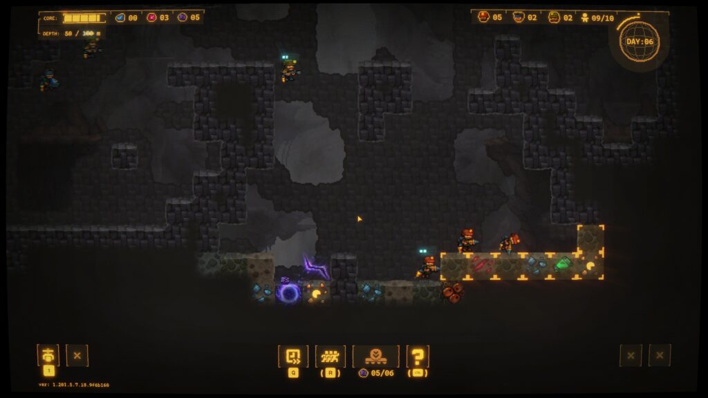 Human miners in the depths. Various rock types are shown with what's inside them and blocks highlighted orange to denote them as mining targets. Drill Core