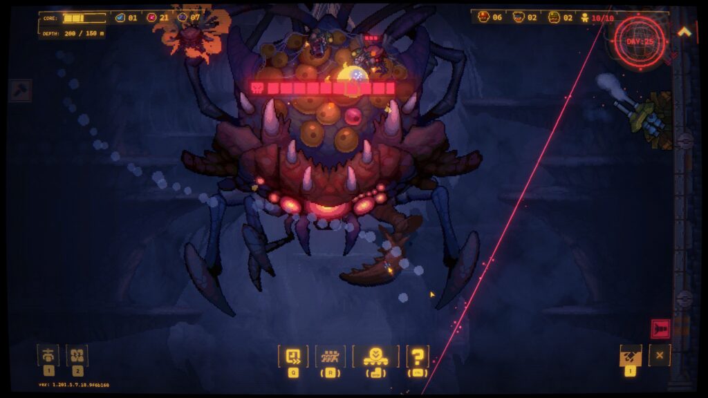 Game screen of a large insect descending a mineshaft at night to attack your platform, red and covered with many eggs and eyes. Drill Core