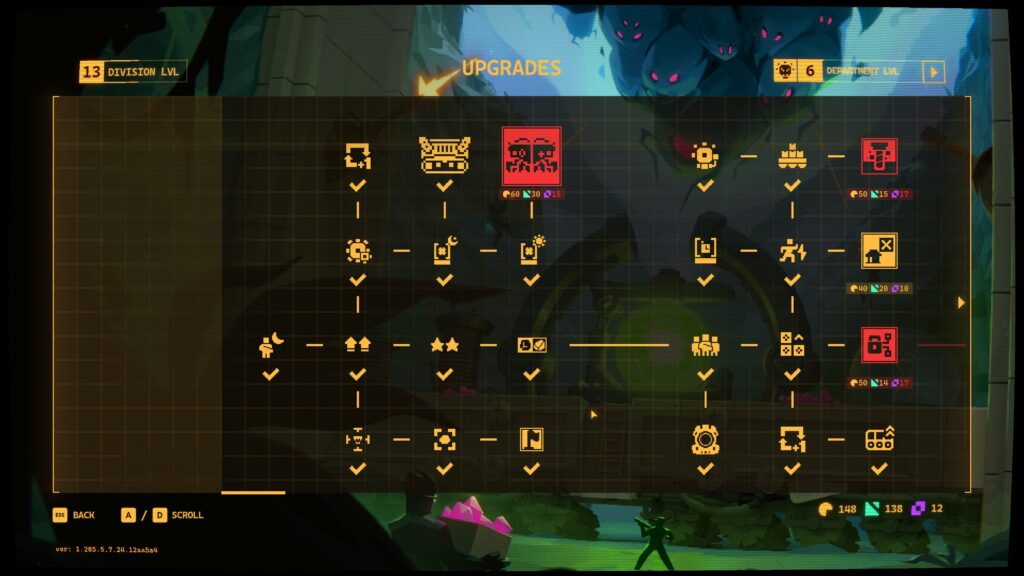 The Player upgrade skill tree showing checkmarked purchased upgrades as well as the unlock paths and cost for new upgrades, with unavailable ones being highlighted red. Drill Core
