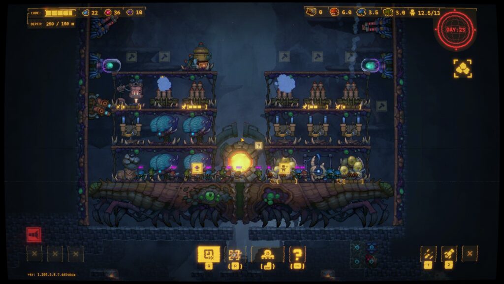 The Swarminid platform in the mineshaft with 4 tiers of buildings above it and turrets lining the shaft walls. Drill Core