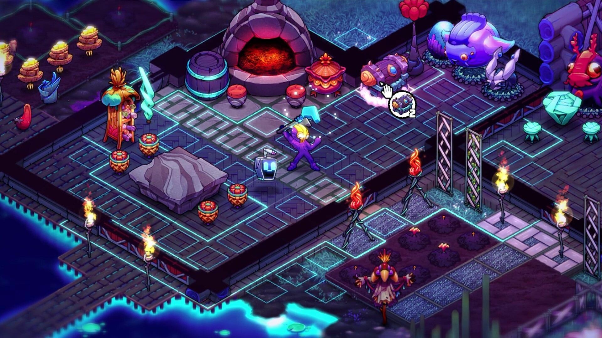 Image shows a person in a purple space suit holding up a magic space tool. Crashlands 2 