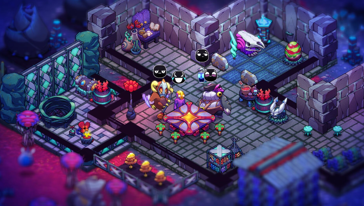 image shows the use of emoji's and crafting ability within the gae. Players are sat arounda table performing smiling, laughing and grumpy emoji. Crashlands 2 