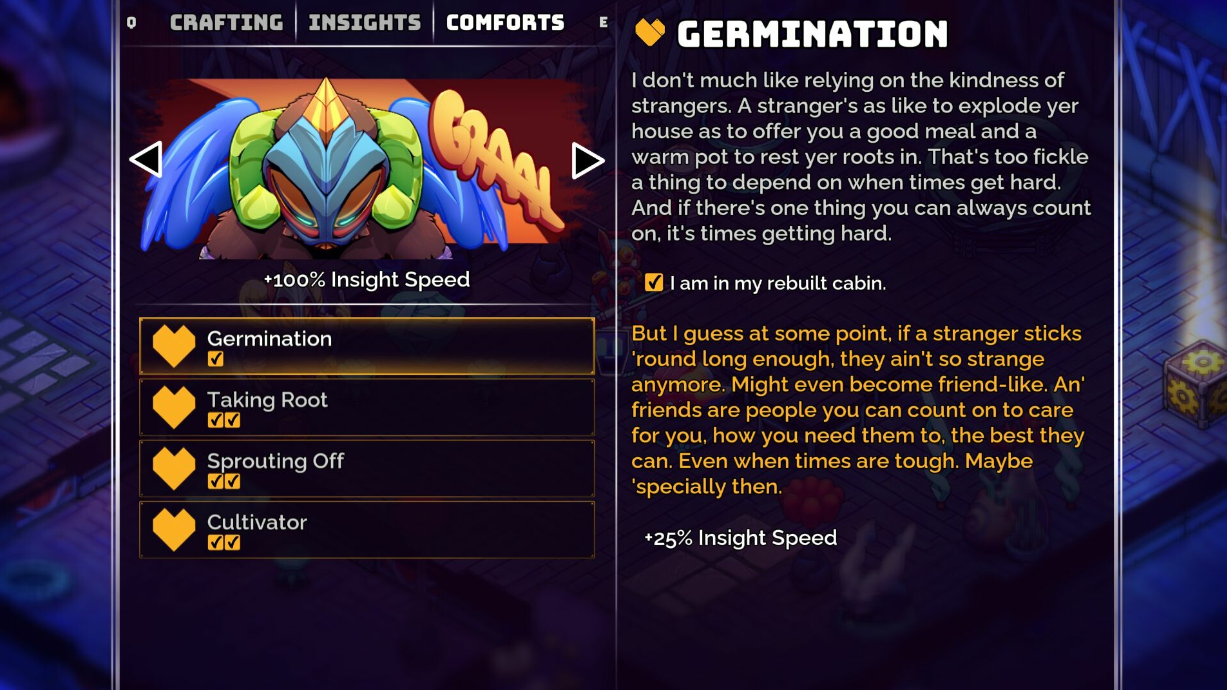 image shows crfting, insites and comfort options within the game. 