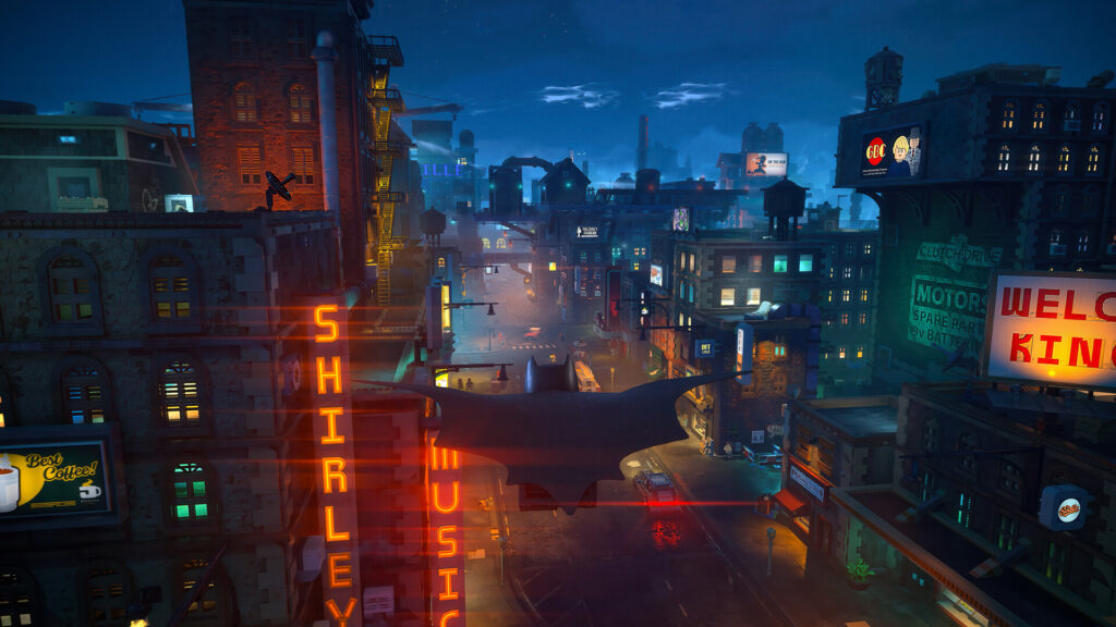 Batman glides through a massive Gotham City - Batman 