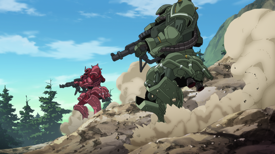 Mobile Suit Gundam GQuuuuuuX gundams sliding down a hillside
