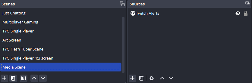 OBS scenes and sources showing a media scene with a twitch alert source
