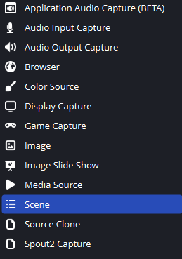 OBS source menu with scene highlighted