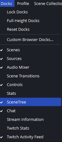Scene Tree OBS tutorial showing docks