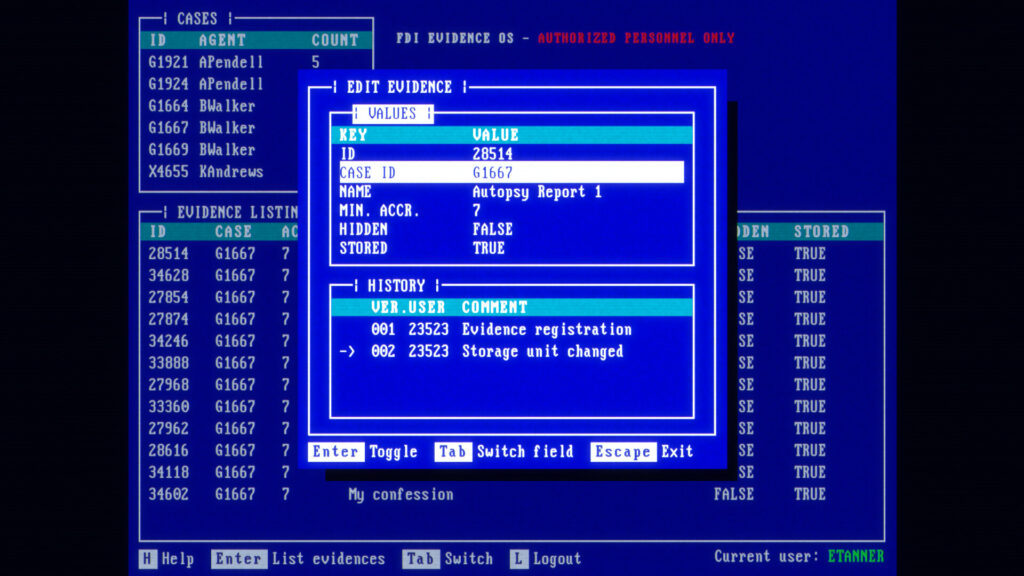 The operator - Bright blue computer screen. Showing case files and evidence lists. A window is open at the centre to edit evidence values.