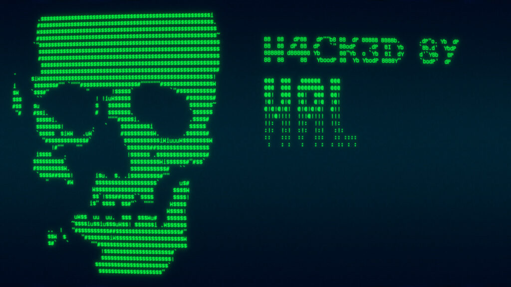 The operator - A black screen with bright green coding. The coding is in on place to look like a skull on the left of the screen and lettering on the right. The image depicts a hacking