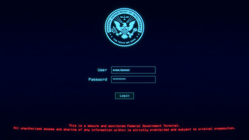 The operator - A computer screen with the crest of a company at the top centre. A log in screen filled out with name and hidden password. Red text along the bottom of the screen warning of authorisation and legality