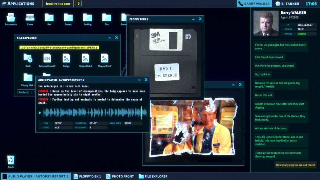The operator - A busy computer screen. A transcribed conversation to the right with the image of a man at the top right. A desktop in the background with multiple open windows in front. Each window featuring a different screen. One with an audio, another a file explorer, a third an image of a floppy disk and the fourth an old crumpled and aged image of a man and a woman, with her face cut out