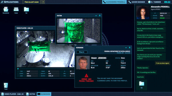 The operator - A computer screen. Transcription of a conversation on the right with an image of a woman on the top right. 3 windows open. One of CCTV in a bar, a man laying face up on the floor, computer using facial recognition. The second a close up image of the man lying on the floor when he was upright, computer using facial recognition on his face. The third with minimal details on the same man