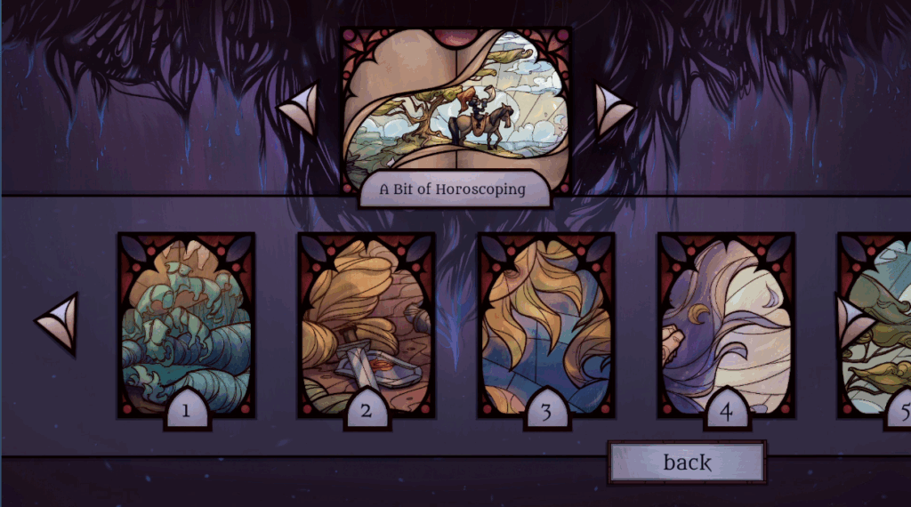 5 stained glass windows are shown, telling a story of a horoscope. Mosaic Chronicles