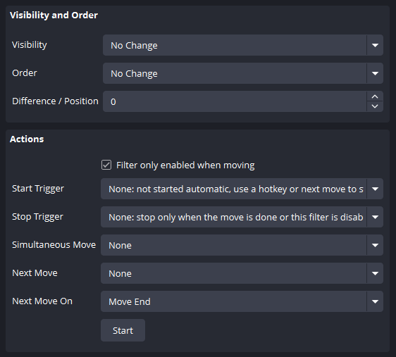 OBS Move Plug-In - advanced settings showing visibility and order, and the actions commands