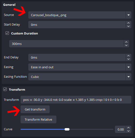 OBS Move Plug-In - filter settings with arrows to source and get transform