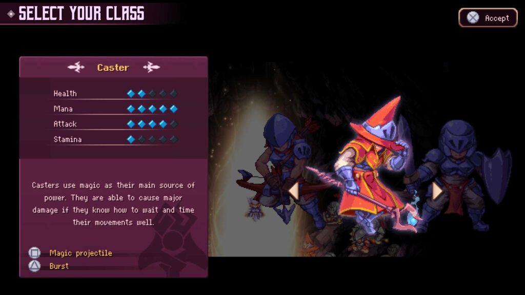 picture of the three playable classes and their stats - Souldiers