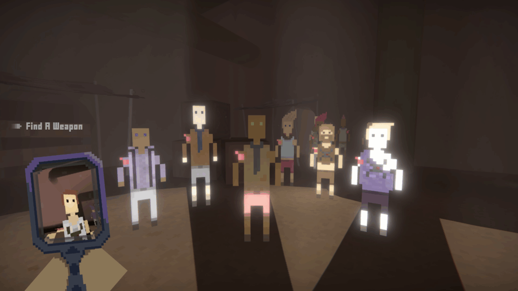 It Has My Face - first person view, you hold a mirror. A group of people are in front of you. a prompt says to find a weapon.