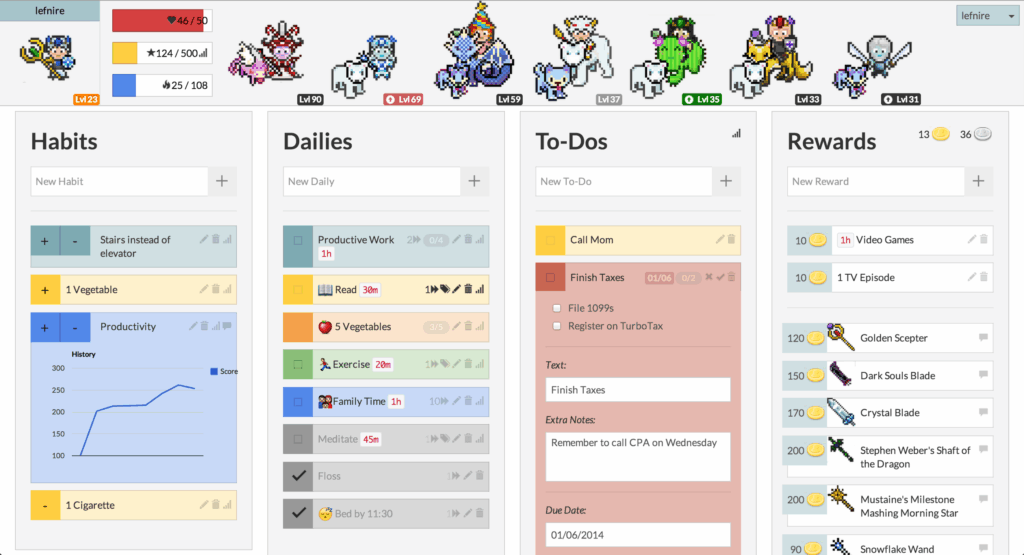 Image shows the game habitica's tools for filling in habits and to'do lists. It also shows characters and their pets all in pixelated form. 