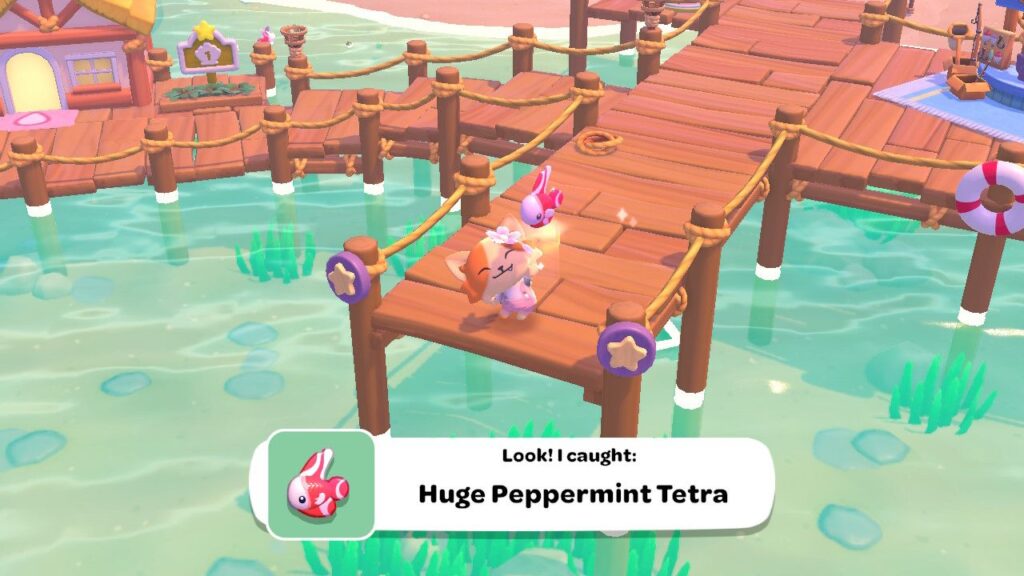 Hello Kitty Island Adventure - Cat (playable character) is fishing at the Resort Docks and has caught a huge Peppermint Tetra.