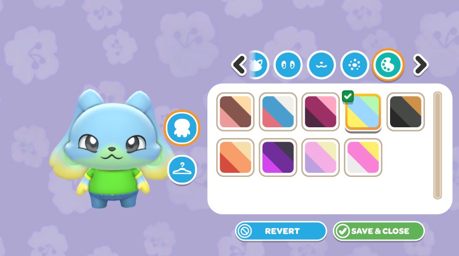 Hello Kitty Island Adventure - Character customisation. A blue, green and yellow bunny with various colour palettes to choose from.