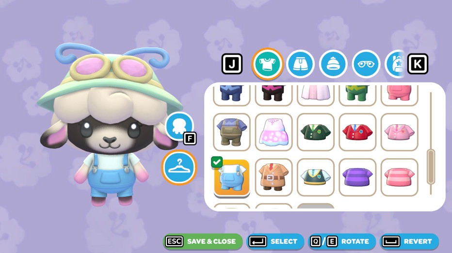 Hello Kitty Island Adventure - Outfit selection. A black, white and pink sheep wearing a pastel critter hat and blue overalls.