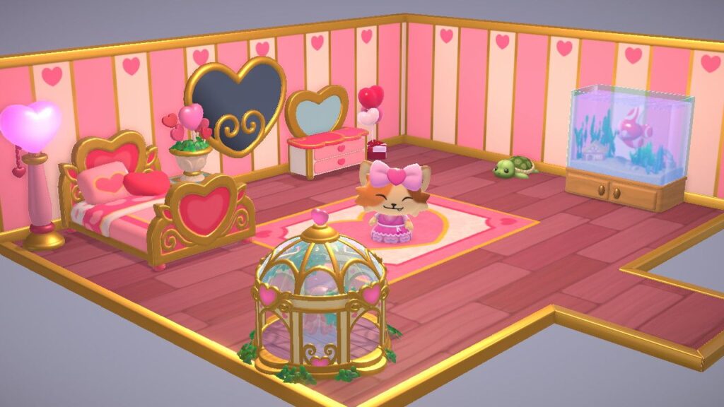 Hello Kitty Island Adventure - A cat (playable character) in their cabin, decorated with pink heart themed furniture.