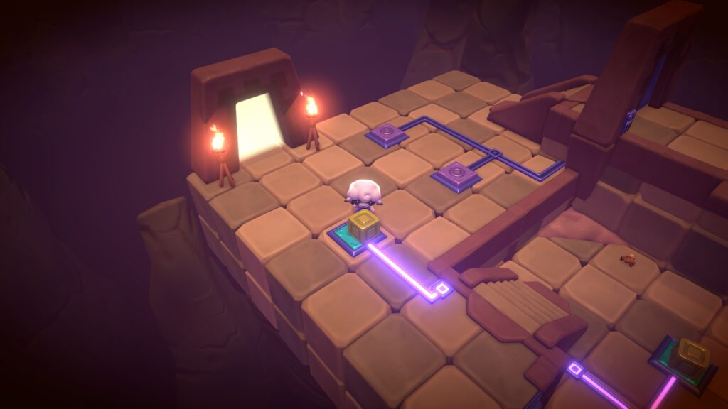 Hello Kitty Island Adventure - A puzzle room that involves placing boxes on buttons.