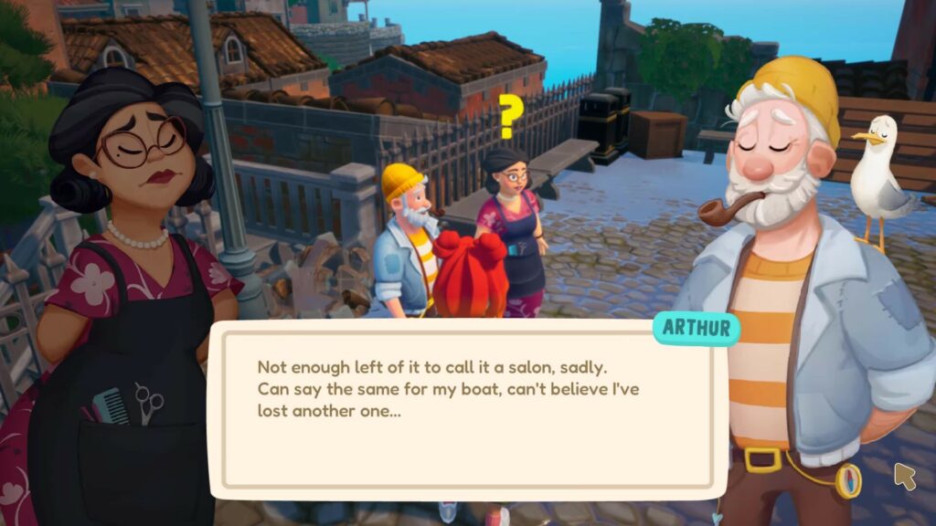 A scene from the game Wholesome: Out and About showing four characters standing near a crumbling fence in a coastal town. One man, Arthur, with a white beard, pipe, and yellow beanie, stands with a seagull on his shoulder. A dialogue box at the bottom quotes him saying, "Not enough left of it to call it a salon, sadly. Can say the same for my boat, can't believe I've lost another one…" Other characters, including two women in floral dresses, appear engaged in the conversation, with one displaying a question mark above her head.