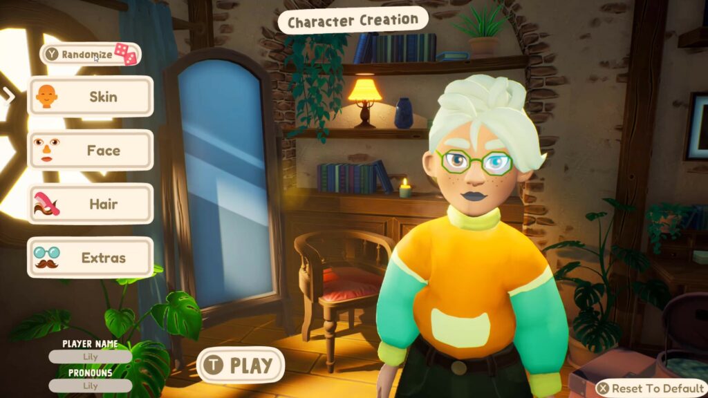 A screenshot of a character creation screen from the game Wholesome: Out and About. The character stands in a cozy room with warm lighting, wooden furniture, bookshelves, and potted plants. The character has light skin, white hair in a bun, green glasses, and wears a bright orange and teal sweater. Customization options on the left include skin, face, hair, and extras. The bottom shows "Player Name" and "Pronouns" as Lily. A “Play” button and “Reset to Default” option are visible.
