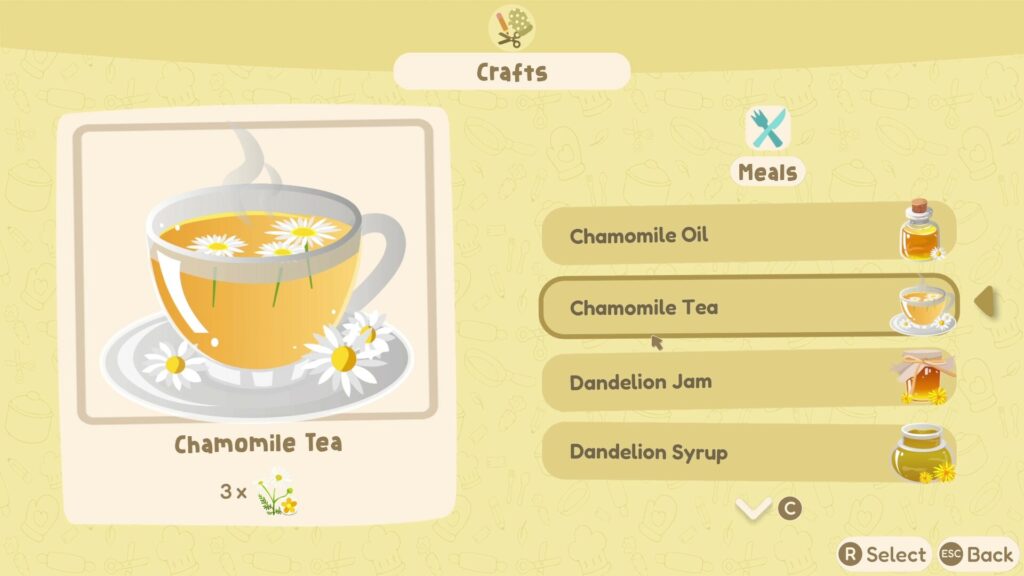 A crafting menu screen from the game Wholesome: Out and About, showing the "Meals" category. A large illustration of a steaming glass cup of chamomile tea with floating chamomile flowers is displayed on the left. Below it, the recipe calls for 3 chamomile flowers. On the right, other craftable items are listed, including Chamomile Oil, Chamomile Tea (highlighted), Dandelion Jam, and Dandelion Syrup.