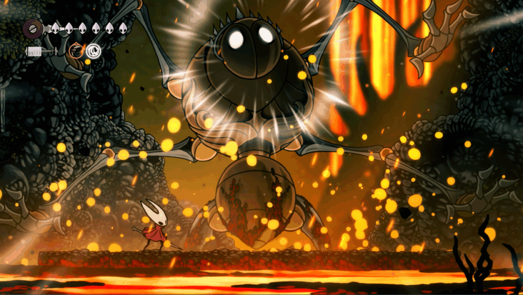 Image of silksong the game with hornet in a boss fight.   - Silksong