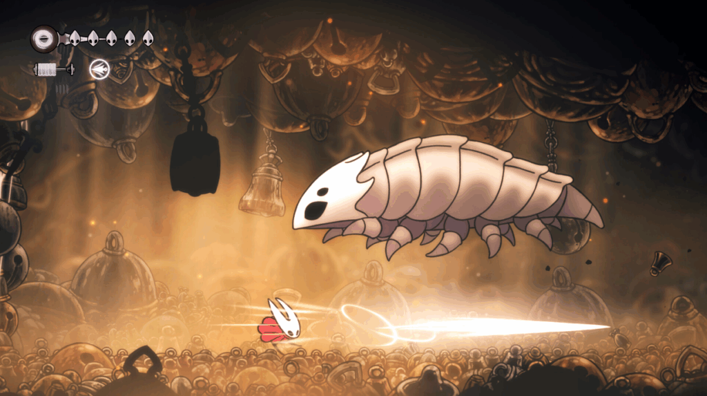 Image of silksong the game with hornet fighting a large carapaced beast underground. 