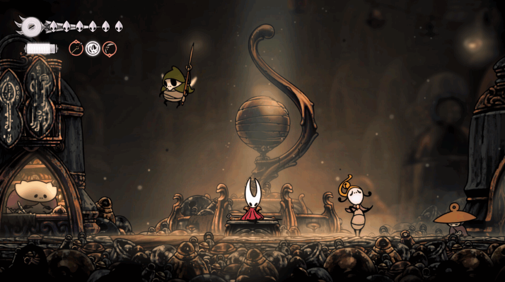Image of silksong the game with hornet sitting on a chair resting at a save point.   - Silksong