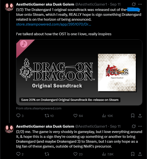 Dusk Golem's original reaction to the Drakengard OST release