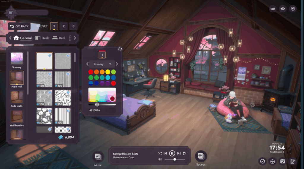 Shows an image of a cartoon style character in room creation for SpiritCity: Lofi sessions. A person sits reading on a beanbag in their bedroom and it shows different options for wallpaper for the room. 