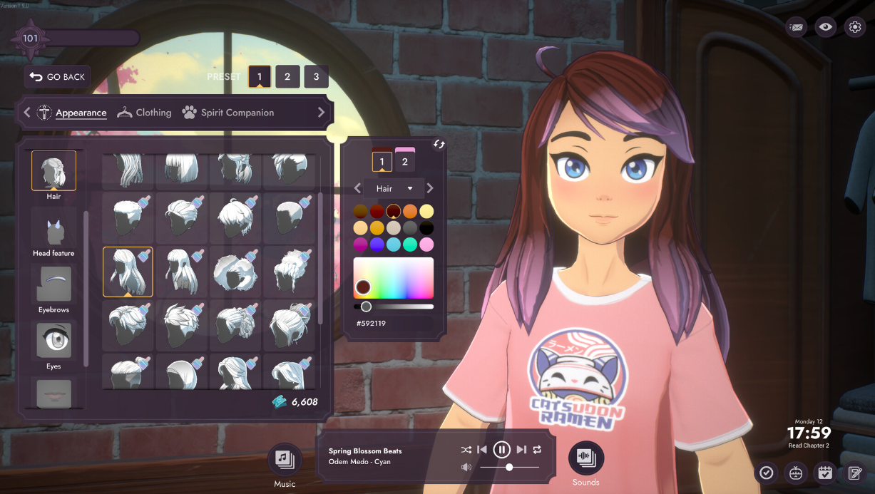 Shows an image of a cartoon style character in character creation for SpiritCity: Lofi sessions. It is showing different hairstylles to choose form. 